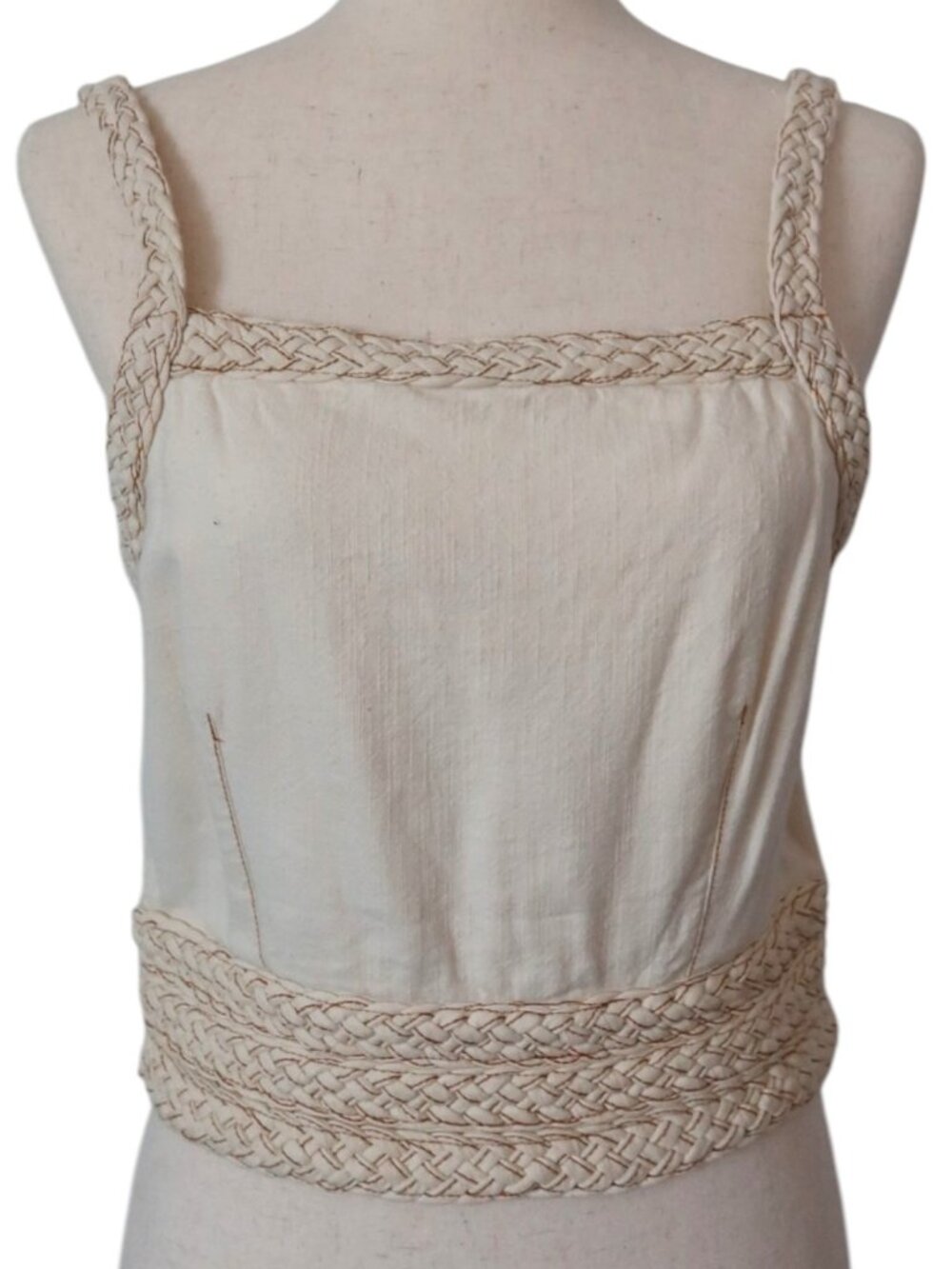 Pilcro Anthropologie Braided Trim Tank Top Cream Linen Blend Boho Square Neck M